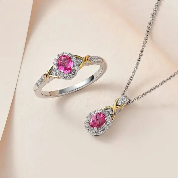 Ouro Fino Rubellite, White Zircon Ring (Size 6.0) Pendant Necklace (20in) 925 - Picture 2 of 5